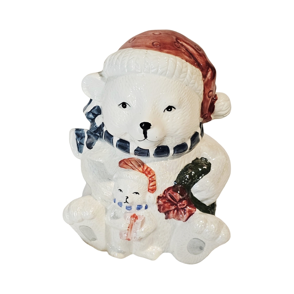 #882 Vintage 1991 Homco Christmas Polar Bear Cookie Jar with Cub & Wreath